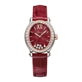 Chopard Happy Sport Oval 31mm-Chopard Happy Sport - 278602-6005 - Chopard Happy Sport in a 31mm stainless steel/rose gold diamond bezel case with red mother-of-pearl dial on leather strap, featuring seven floating diamonds and an automatic movement with up to 42 hours of power reserve.