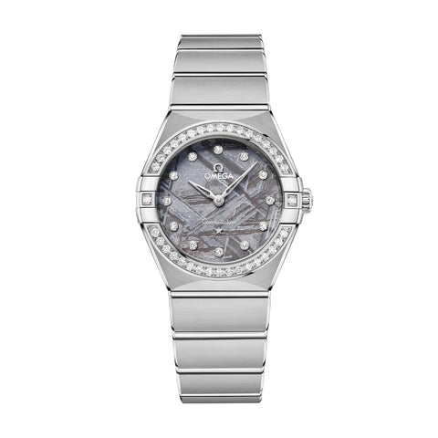 Omega Constellation 28mm - Meteorite-Omega Constellation 28mm - 131.15.28.60.99.001 - Omega Constellation Meteorite in a 28mm stainless steel diamond bezel case with grey meteorite dial on stainless steel bracelet, featuring diamond markers and quartz movement.