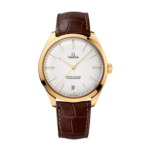 Omega De Ville Trésor 40mm-Omega De Ville Trésor in a 40mm yellow gold case with silver opaline dial on leather strap, featuring a date display and mechanical hand-wound movement.