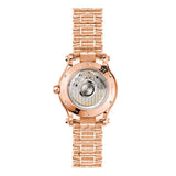 Chopard Happy Sport 36mm-Chopard Happy Sport in 36mm rose gold case with silver dial and seven floating diamonds on rose gold bracelet, featuring a date display and automatic movement with 62 hours power reserve.