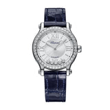 Chopard Happy Sport 33mm-Chopard Happy Sport - 278608-3003 - Chopard Happy Sport in a 33mm stainless steel case diamond bezel case with silver dial with five floating diamonds on leather strap, featuring an automatic movement with approximately 42 hours power reserve.