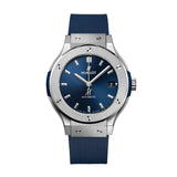 Hublot Classic Fusion Titanium Blue 38mm-Hublot Classic Fusion Titanium Blue - 565.NX.7170.RX - Hublot Classic Fusion Titanium Blue in a 38mm titanium case with blue dial on rubber strap, featuring a date display and automatic movement with up to 42 hours power reserve.