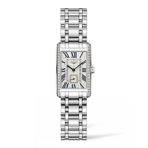 Longines DolceVita-Longines DolceVita - Longines DolceVita in a 20.8mm x 32mm stainless steel case with silver dial on stainless steel bracelet, featuring a small seconds and quartz movement.