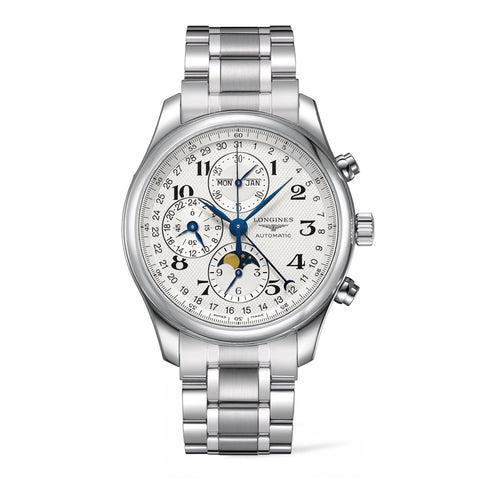 Longines Master Collection Chrono Moonphase 42mm-Longines Master Collection Chronograph Moon Phase in a 42mm stainless steel case with silver dial on stainless steel bracelet, featuring a chronograph function, moon phase and automatic movement with up to 66 hours power reserve.