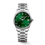 Longines Master Collection 34mm-Longines Master Collection in a 34mm stainless steel case with green dial on stainless steel bracelet, featuring a date window and automatic movement with up to 72 hours power reserve.