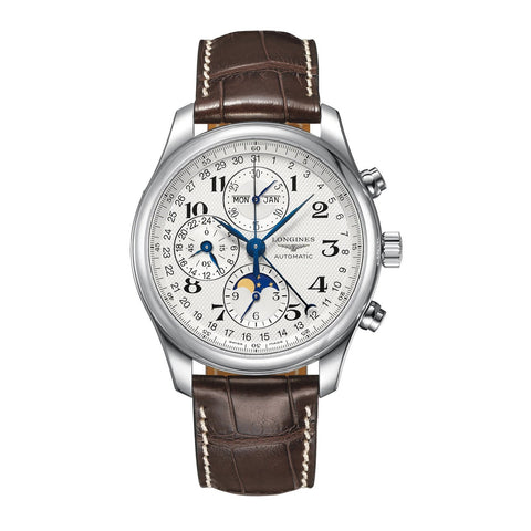 Longines Master Collection Chrono Moonphase 42mm-Longines Master Collection - L2.773.4.78.3 - Longines Master Collection in a 42mm stainless steel case with silver dial on alligator leather strap, featuring a chronograph function, moon phase and automatic movement.