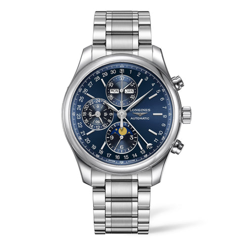 Longines Master Collection Chrono Moonphase 42mm-Longines Master Collection in a 42mm stainless steel case with sun-ray blue dial on stainless steel bracelet, featuring a chronograph, date, and moon phase and an automatic movement with up to 54 hours power reserve.