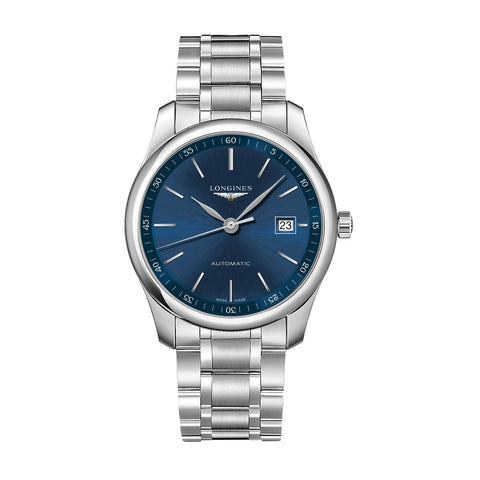 Longines Master Collection 40mm-Longines Master in a 40mm stainless steel case with blue dial on stainless steel bracelet, featuring a date display and self-winding mechanical movement with up to 72-hours power reserve.