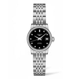 Longines Record 26mm-Longines Record in a 26mm stainless steel diamond bezel case with black dial on stainless steel bracelet, featuring a date display and automatic movement.