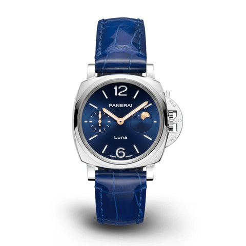 Panerai Luminor Due Luna-Panerai Luminor Due Luna in a 38mm stainless steel case with blue dial on quick release leather strap, featuring a moon phase, small seconds display and automatic movement with up to 3 days of power reserve.