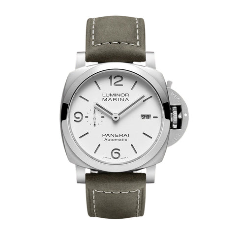 Panerai Luminor Marina - 44mm-Panerai Luminor Marina in a 44mm stainless steel case with white dial on leather strap, featuring a small seconds display, date display and automatic movement with up to 3 days of power reserve.