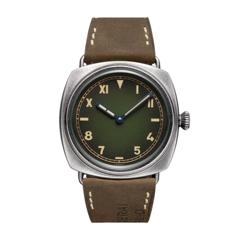 Panerai Radiomir California Dial-Panerai Radiomir California in a 45mm brunito e-steel case with green dial on leather strap, featuring a mechanical hand-wound movement with up to 8 days of power reserve.